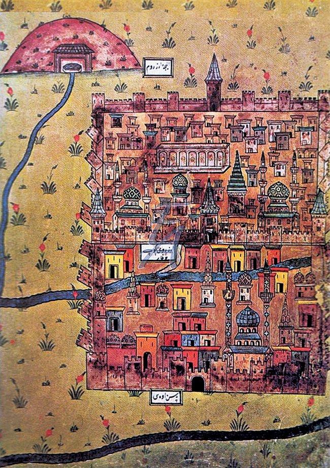 Erzurum’un XVI. yüzyıldaki durumunu gösteren bir minyatür (Matrakçı Nasuh, Beyân-ı Menâzil-i Sefer-i Irâkeyn, İÜ Ktp., TY, nr. 5964, vr. 23b)