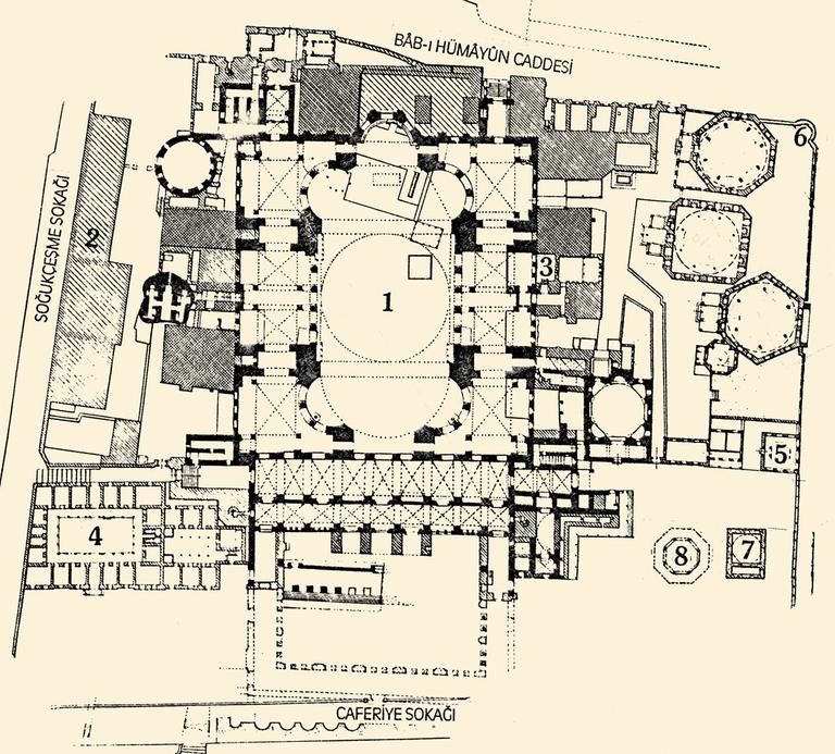 Ayasofya’nın genel planı: 1. Cami. 2. İmaret.3. Kütüphane. 4. Medrese. 5. Muvakkithâne.6. Sebil. 7. Sıbyan mektebi. 8. Şadırvan