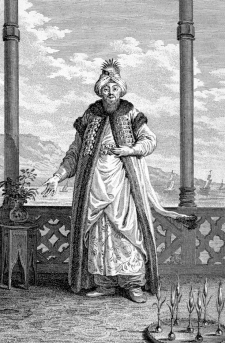 Padişahın tasvir edildiği bir gravür (Comte de Choiseul-Gouffier, Voyage pittoresque de la Grèce, Paris 1822, II, lv. 98)