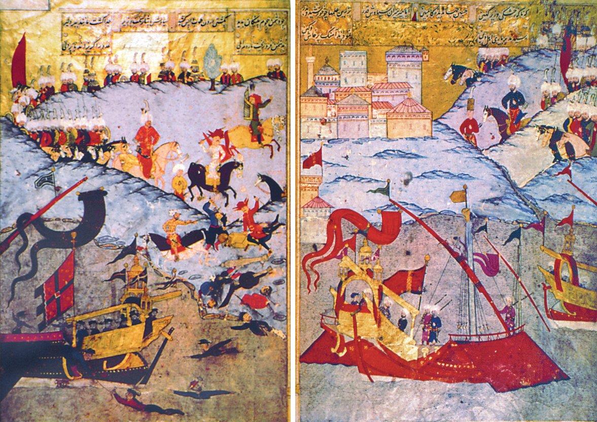 Navarin savaşının tasvir edildiği minyatürlü iki sayfa (Şehnâme-i Selîm Han, TSMK, III. Ahmed, nr. 3595, vr. 128b-129a)