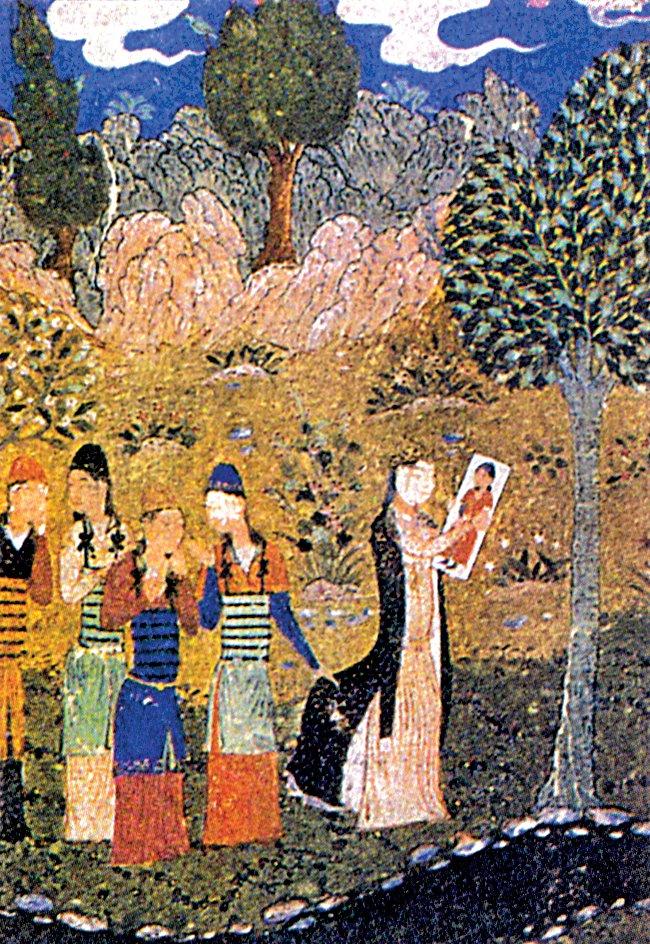 Şîrin’in Hüsrev’in resmine bakmasını tasvir eden bir minyatür (Londra British Library, Ad. nr. 27261, vr. 116a)