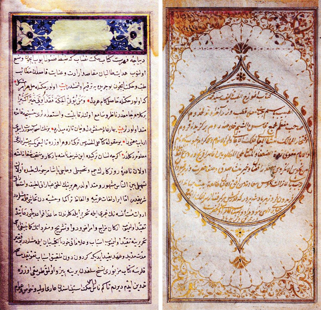 Emîr Çelebi’nin Enmûzecü’t-tıb adlı eserinin unvan sayfasıyla ilk sayfası (İÜ Ktp., TY, nr. 7043)