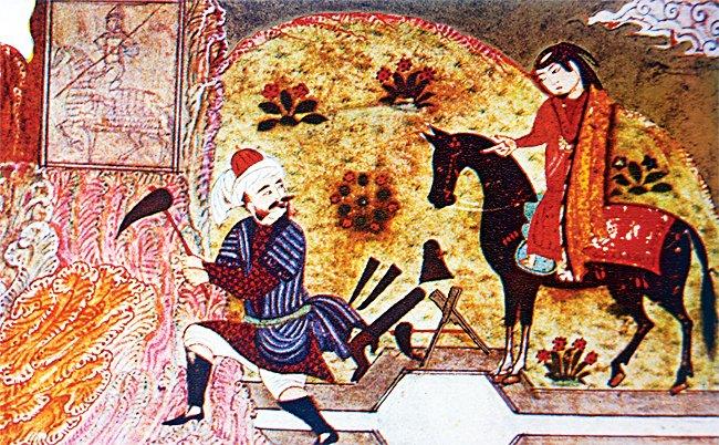 Şîrin’in Ferhad’ı dağı delerken görmesini tasvir eden bir minyatür (Emîr Hüsrev-i Dihlevî, Ḫamse, TSMK, Hazine, nr. 795, vr. 61a)