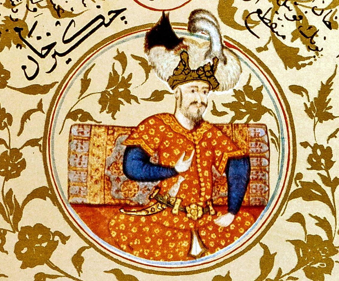 Cengiz Han’ı tasvir eden bir minyatür (Derviş Mehmed, Sübhatü’l-ahbâr, Österreichische Nationalbibliothek, Cod AF, nr. 50, vr. 11a)