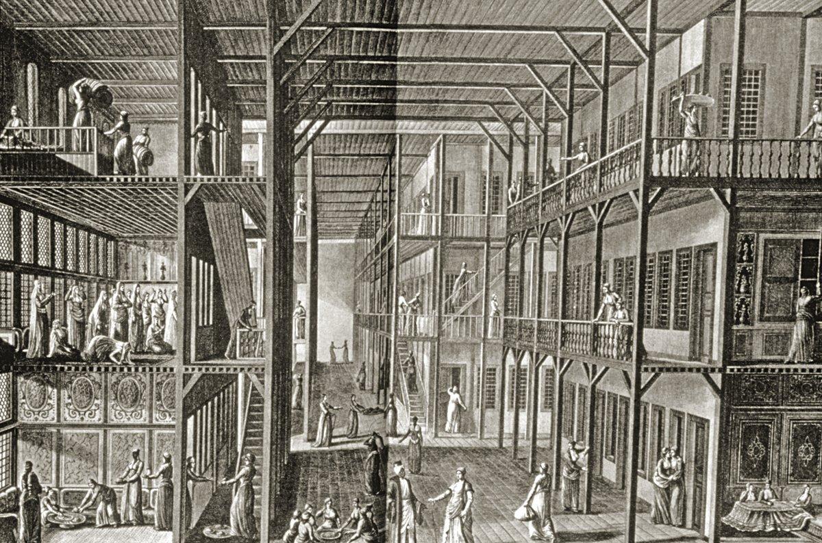 Harem hayatını gösteren bir gravür (A. I. Melling, Voyage pittoresque de Constantinople et des rives du Bosphore, Paris 1819, Tablo 10)