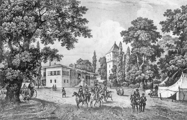 Adalet Kasrı ile (sağda) Bostancıbaşı Kasrı’nı birlikte gösteren eski bir gravür