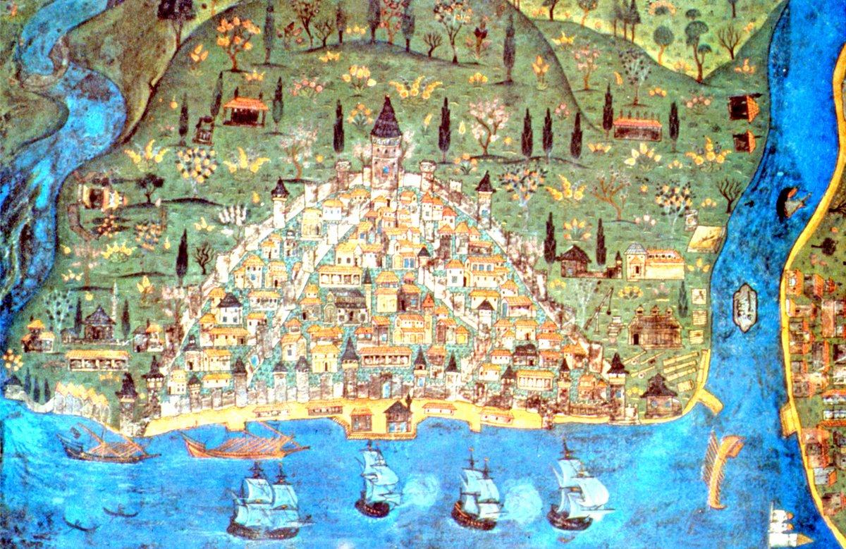 XVI. yüzyılda Galata’yı gösteren bir minyatür (Matrakçı Nasuh, Beyân-ı Menâzil-i Sefer-i Irâkeyn, İÜ Ktp., TY, nr. 5964, vr. 9a)