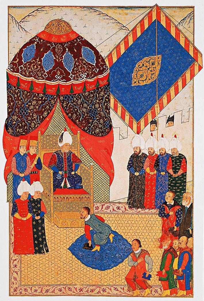 Kanûnî Sultan Süleyman’ın vasalı Erdel Kralı János Zsigmond’u huzuruna kabulünü tasvir eden minyatür (Feridun Ahmed, Nüzhetü’l-ahbâr, TSMK, Hazine, nr. 1339, vr. 16b)