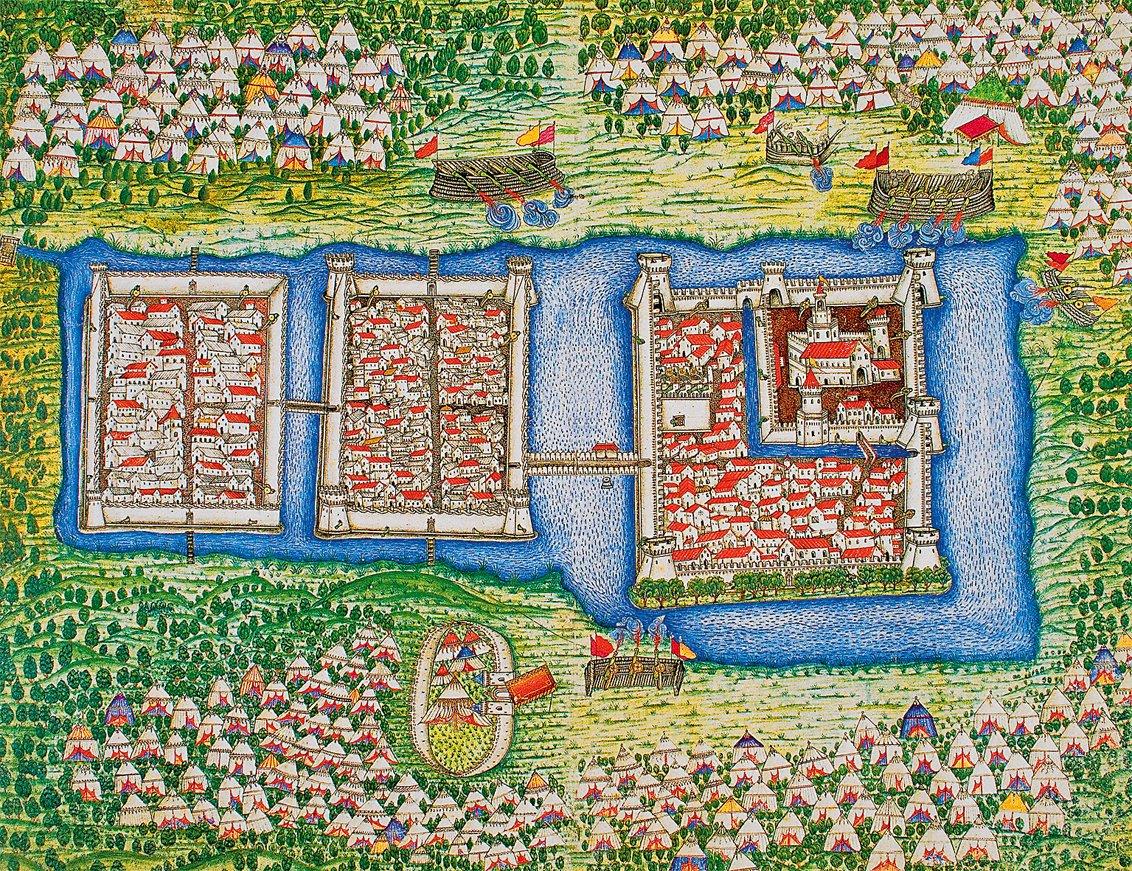 Feridun Ahmed Bey’in Nüzhetü’l-esrâri’l-ahbâr der Sefer-i Sigetvar adlı eserinde Sigetvar Kalesi’nin kuşatılmasını gösteren minyatür (TSMK, Hazine, nr. 1339, vr. 32b-33a)