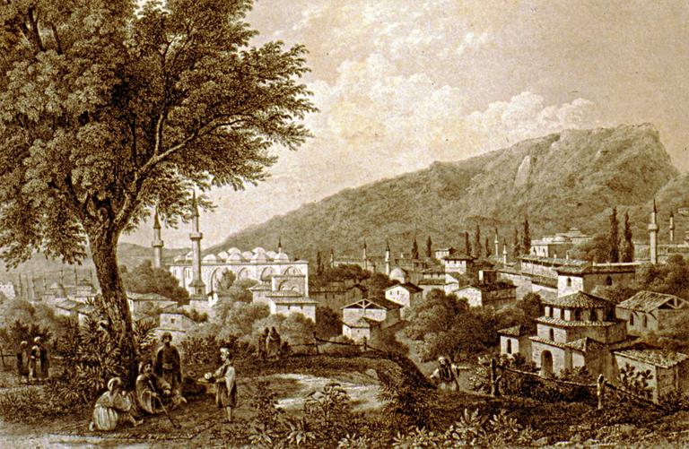 XIX. yüzyıl ortalarında Bursa’da Ulucami civarını gösteren gravür (Ch. Texier, L’Asia Mineure, Paris 1862, lv. 16)