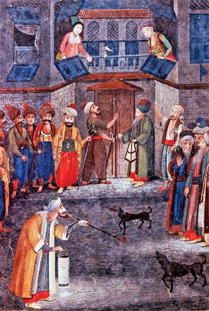 Enderunlu Fâzıl’ın Zenânnâme adlı eserindemahalle baskınını tasvir eden bir minyatür(İÜ Ktp., TY, nr. 5502, vr. 148a)