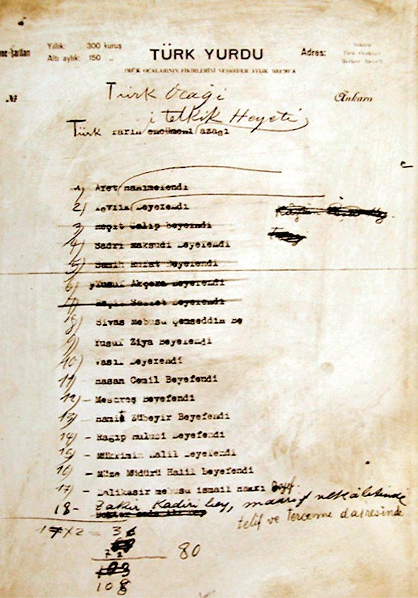 Atatürk’ün, üzerine notlar düştüğü Türk tarihi inceleme heyeti listesi