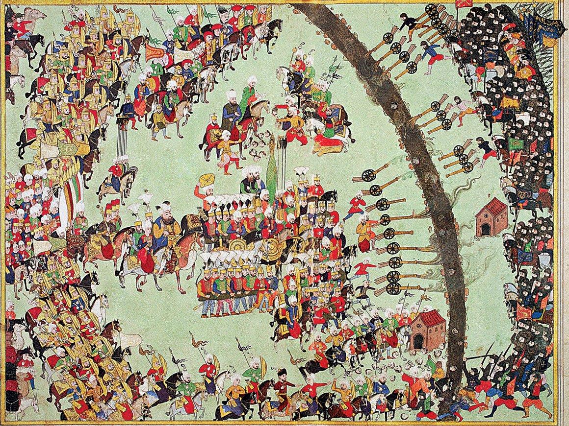 Hırka-i saâdetin Eğri seferinde III. Mehmed’in önünde baş üzerinde götürülüşünü tasvir eden bir minyatür (Tâlikîzâde Subhi Çelebi, Eğri Fetihnâmesi, TSMK, nr. H 1609)