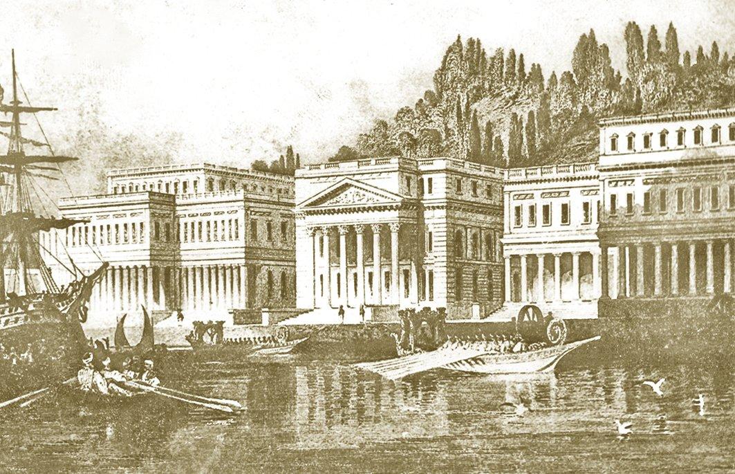Çırağan Sahilsarayı’nınXIX. yüzyılın ilk yarısı içindeki durumunu gösterenThomas Allom tarafından çizilmiş gravür(Constantinople and the Scenery of the Seven Churches of Asia Minor, London 1840, s. 3)