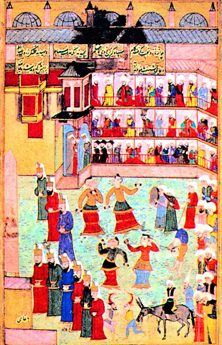 XVI. yüzyılın ikinci yarısına ait minyatürlü bir eserde düğün tasviri (Surnâme-i Hümâyun, TSMK, Hazine, nr. 1344, vr. 47b)