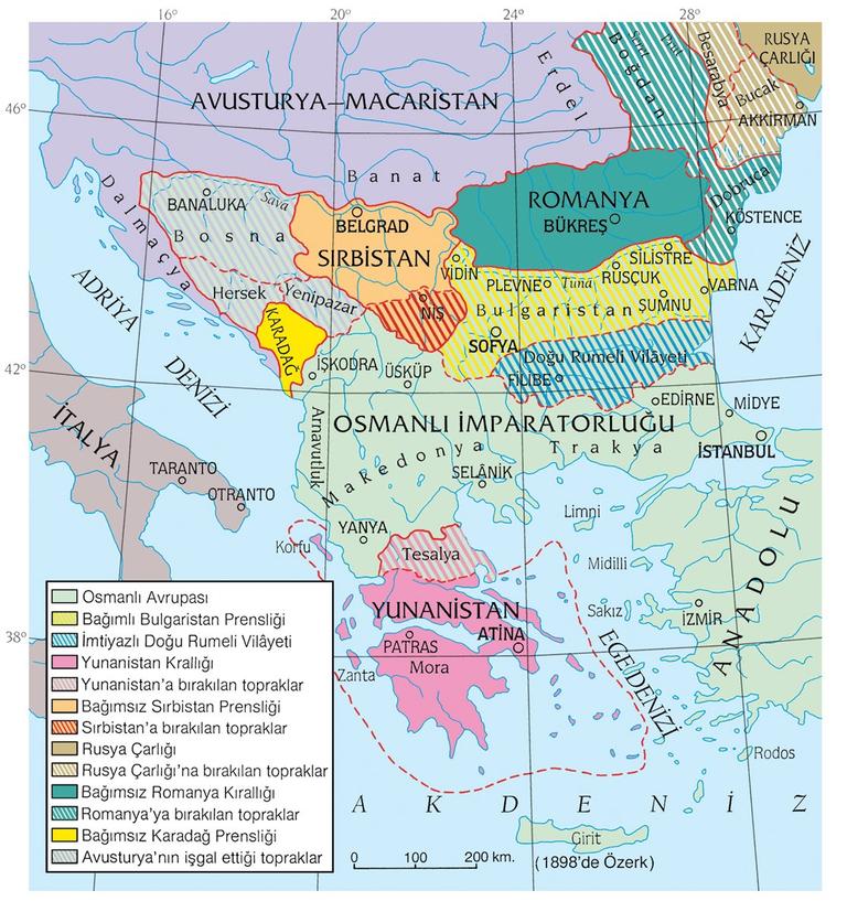 Berlin Antlaşması ve buna bağlı antlaşmalara göre Osmanlı Avrupası