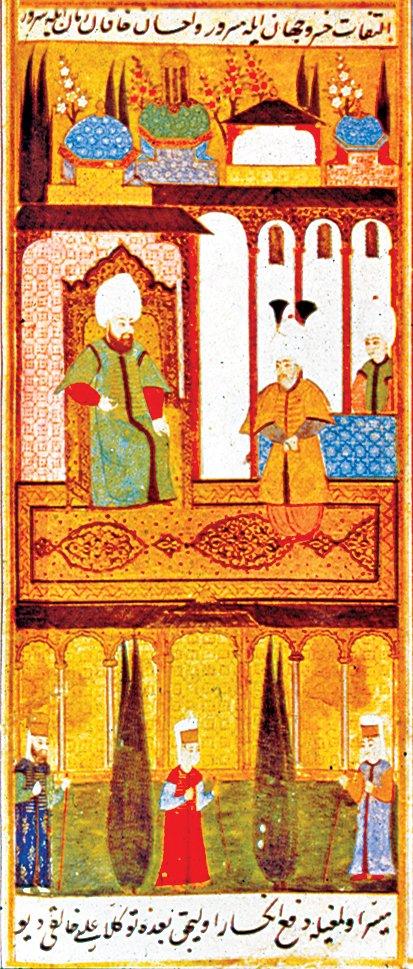 Ferhad Paşa’yı III. Murad’ın huzurunda gösteren bir minyatür (İbrâhim Çavuş, Kitâb-ı Gencîne-i Feth-i Gence, TSMK, Revan Köşkü, nr. 1296, vr. 10b)