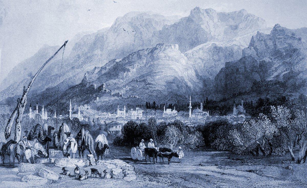XIX. yüzyılın ikinci yarısında Manisa’nın Thomas Allom tarafından yapılan bir gravürü (R. Walsh, Constantinople and the Scenery of the Seven Churches of Asia Minor, London 1840, I, 8)