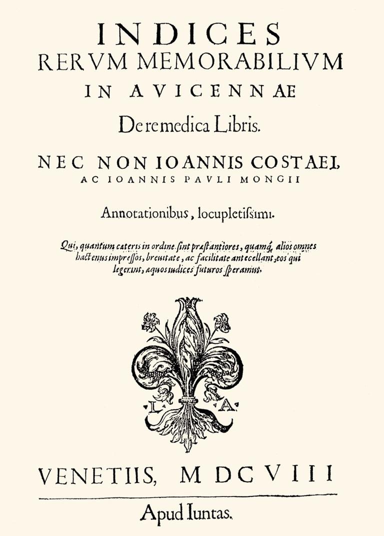 İbn Sînâ’nın el-Ḳānûn fi’ṭ-ṭıb adlı eserinin Latince tercümesinin kapak sayfası (Venedik 1608)