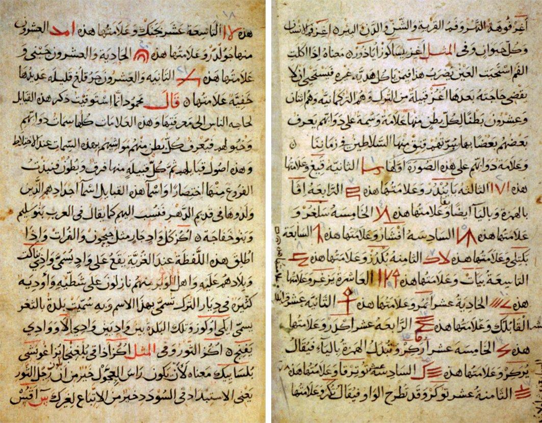 Dîvânü lugāti’t-Türk’te Oğuz boylarının damgalarını gösteren iki sayfa (Millet Ktp., Ali Emîrî, Arabî, nr. 4189, vr. 20b-21a)