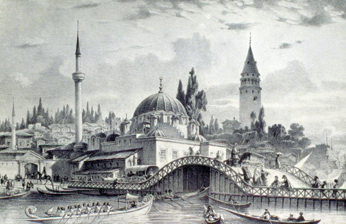 XIX. yüzyıl ortalarına ait bir gravürde 1836 tarihli ilk Unkapanı (Hayrâtiye) Köprüsü (Flandin, lv. 20)