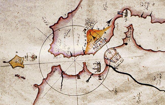 Pîrî Reis’in Kitâb-ı Bahriyye adlı eserinde Çanakkale Boğazı’nın haritası (Süleymaniye Ktp., Ayasofya, nr. 2612, vr. 44a)