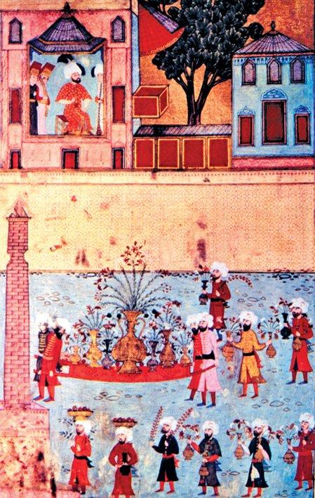 Şehzade Mehmed’in sünnet şenliğinde (1582) çiçekçi esnafının resmigeçidini tasvir eden minyatür (Seyyid Lokmân, Surnâme-i Hümâyun, TSMK, Hazine, nr. 1344, vr. 35a)