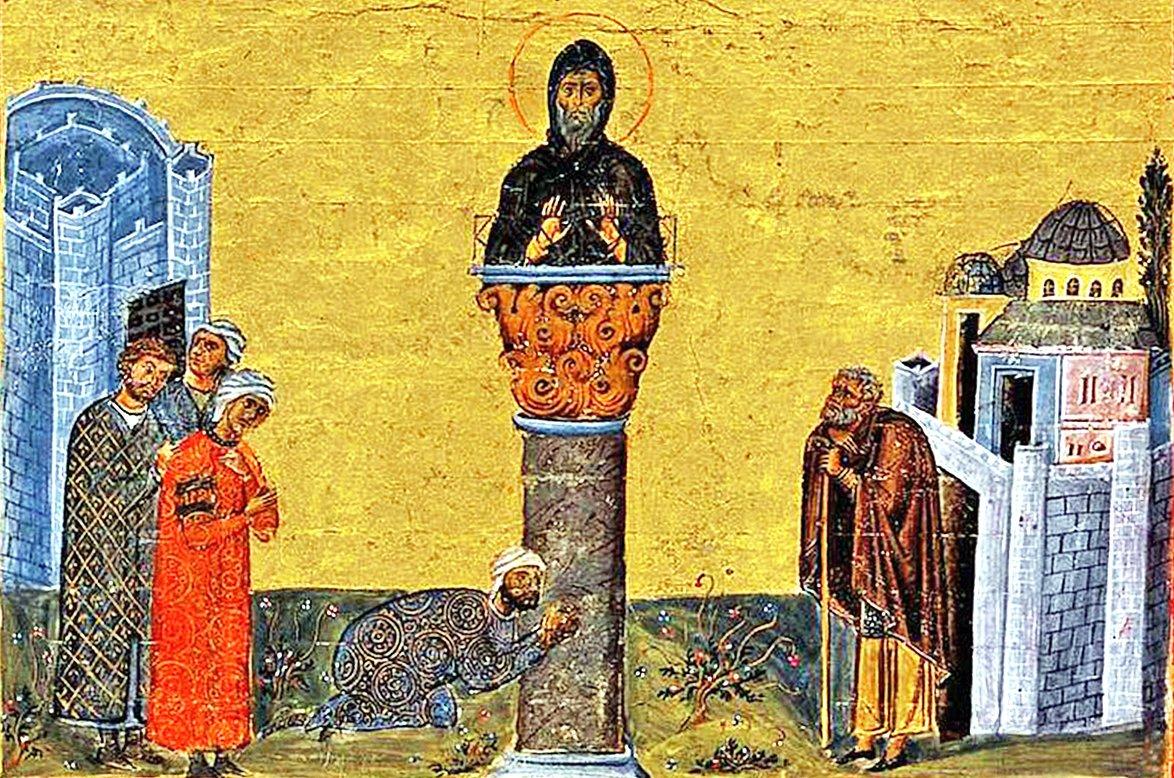 X. yüzyılın sonlarında Bizans İmparatoru II. Basileios için hazırlanan Menologion’un içindeki bir minyatürde sütun üzerinde keşiş hayatı yaşayan Aziz Simeon Stylites’in tasviri