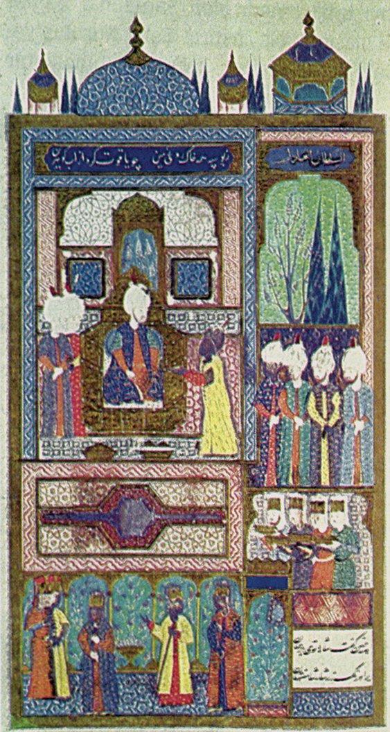 Amasya Antlaşması sırasında devrin padişahının Safevî elçisini kabul merasimini tasvir eden bir gravür (Süleymannâme, TSMK, Hazine, nr. 1517, vr. 603b)