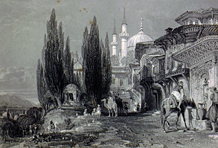 XIX. yüzyılın ilk yarısında Bursa Emîr Sultan Camii çevresini gösteren bir gravür (R. Walsh, Constantinople and the Scenery of the Seven Churches of Asia Minor, London 1940, I, 21)