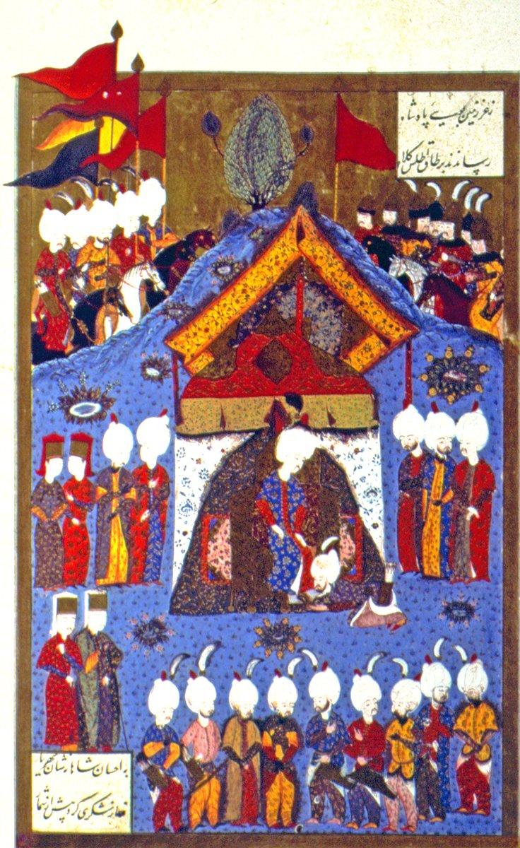 Makbul İbrâhim Paşa’yı Kanûnî Sultan Süleyman’ın eteğini öperken gösteren minyatür (Süleymannâme, TSMK, Hazine, nr. 1517, vr. 189b)