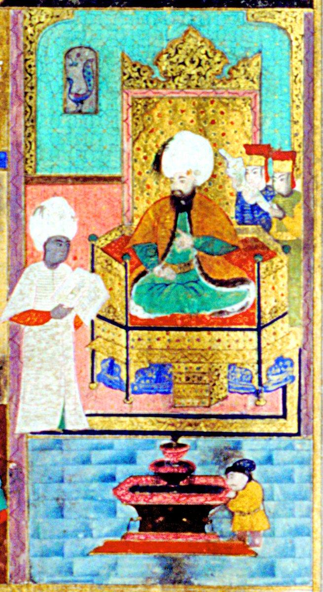 Dârüssaâde ağası Mehmed Ağa’nın Sultan III. Murad adına telif edilen Gence Fetihnâmesi’ni padişaha takdim edişini gösteren bir minyatür (TSMK, Revan Köşkü, nr. 1296, vr. 8b)