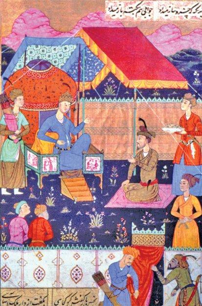 XVII. yüzyıla ait bir minyatürde etrafı hasır perdeyle çevrilmiş ve yanına sâyebanlar kurulmuş hükümdar otağı (Nizami Ganjevi Khamsa Miniatures,Bakü 1983, lv. 33)