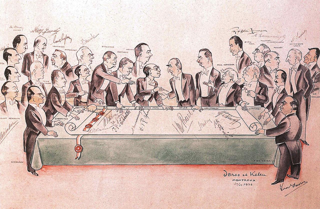 Karikatürist Derso ve Kelen’in çizimiyle Montrö Boğazlar Sözleşmesi’nin imza töreni (Cumhuriyetin 75 Yılı: 1923-1953, İstanbul 1998, I, 168)
