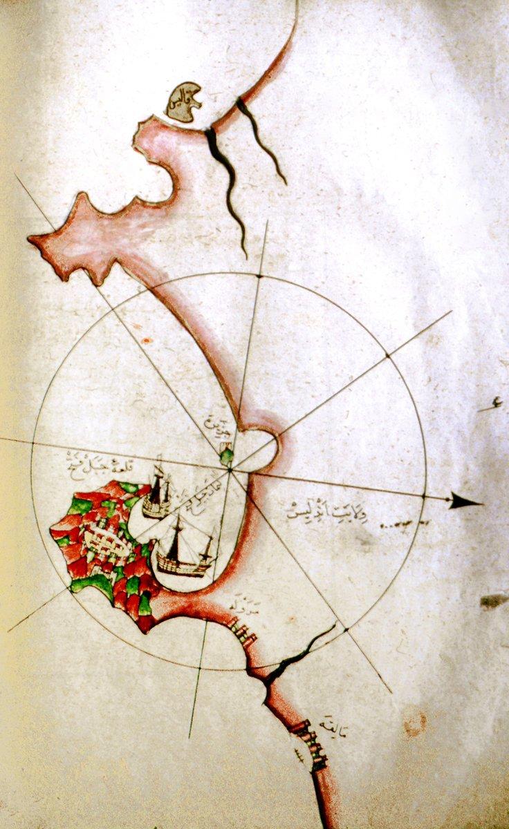Pîrî Reis’in Kitâb-ı Bahriyye adlı eserinde Cebelitârık Kalesi’ni gösteren harita (Süleymaniye Ktp., Ayasofya, nr. 2612, vr. 305b)