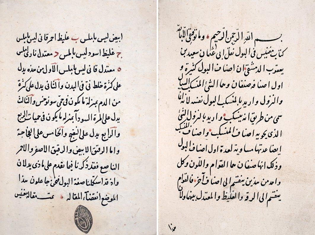 Saîd b. Ya‘kūb’un Risâletü Maġnîs fi’l-bevl adlı eserinin ilk ve son sayfaları (Süleymaniye Ktp., Ayasofya, nr. 3563/3)