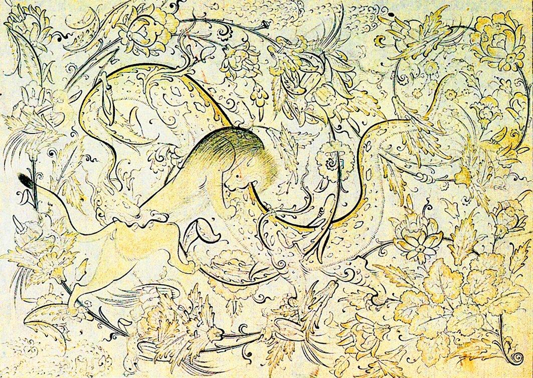 Şahkulu’nun bir deseninde yer alan efsanevî hayvan motifleri (TSMK, Albüm, Hazine, nr. 2147)