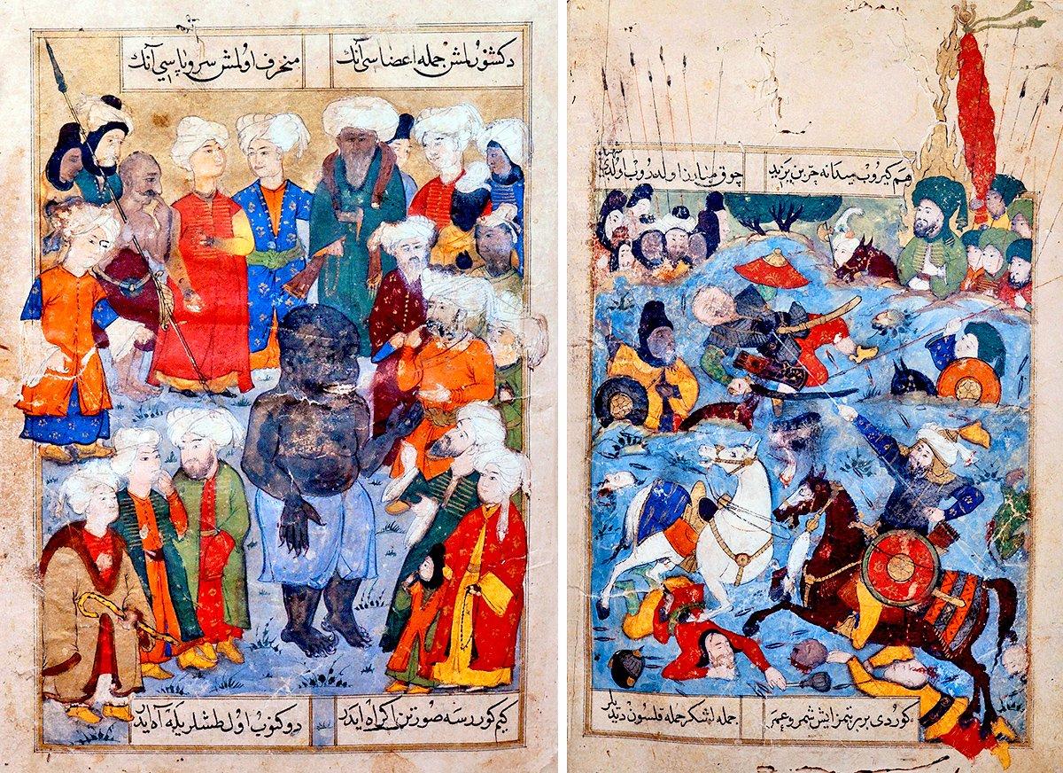 Lâmiî Çelebi’nin Kitâb-ı Maktel-i Âl-i Resûl adlı eserinden minyatürlü iki sayfa (İstanbul Arkeoloji Müzeleri Ktp., nr. 253, vr. 40a-b)