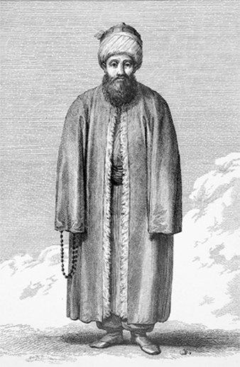 Gülşenî şeyhini tasvir eden gravür (D’Ohsson, Tableau général, II, lv. 119)