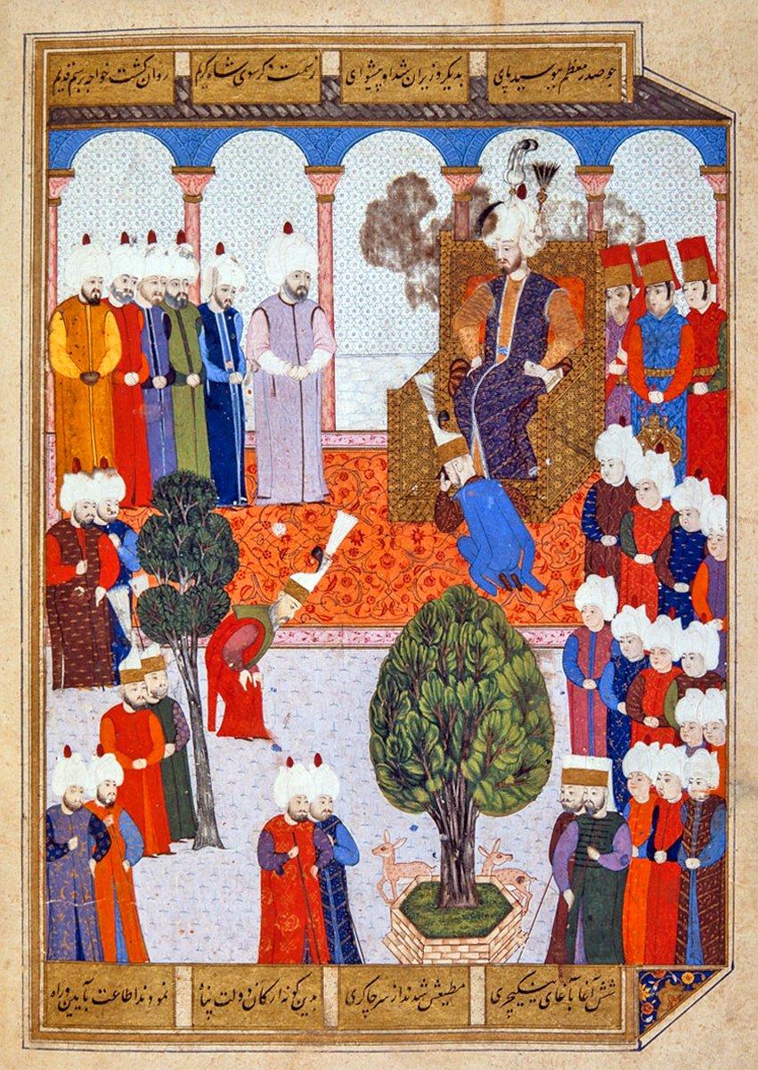 III. Murad’ın cülûsunu tasvir eden bir minyatür (Şehinşâhnâme, İÜ Ktp., FY, nr. 1404, vr. 11b)