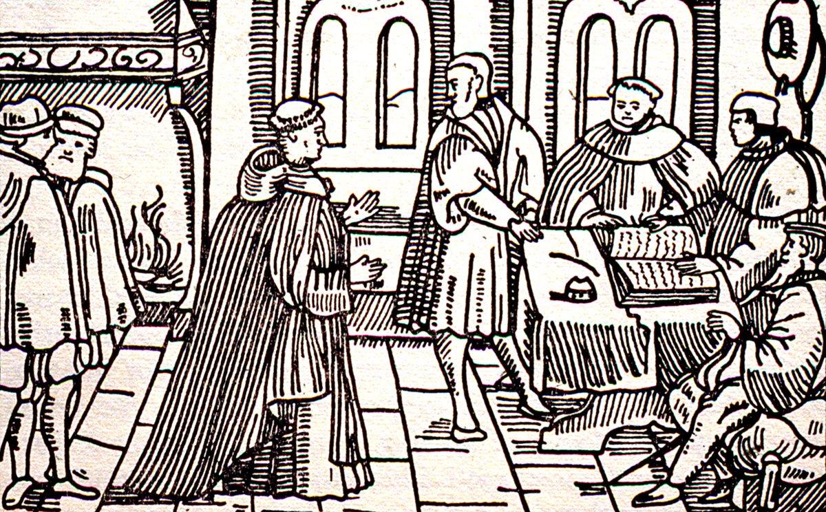 Luther’in, 12-14 Ekim 1518’de papanın emriyle Kardinal Cajetan tarafından Augsburg’da sorgulanmasını tasvir eden gravür (Atkinson, s. 59)