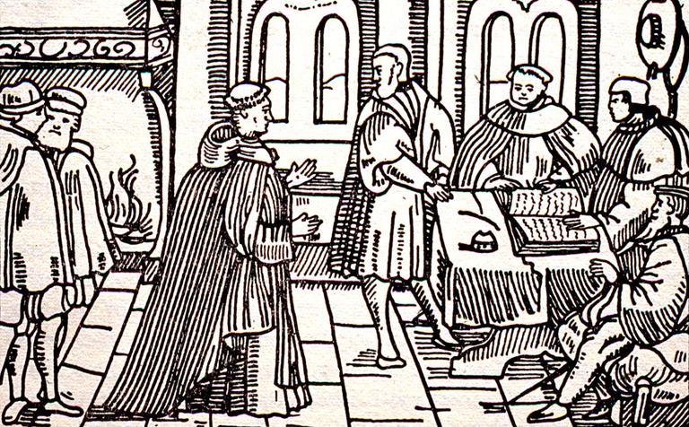 Luther’in, 12-14 Ekim 1518’de papanın emriyle Kardinal Cajetan tarafından Augsburg’da sorgulanmasını tasvir eden gravür (Atkinson, s. 59)