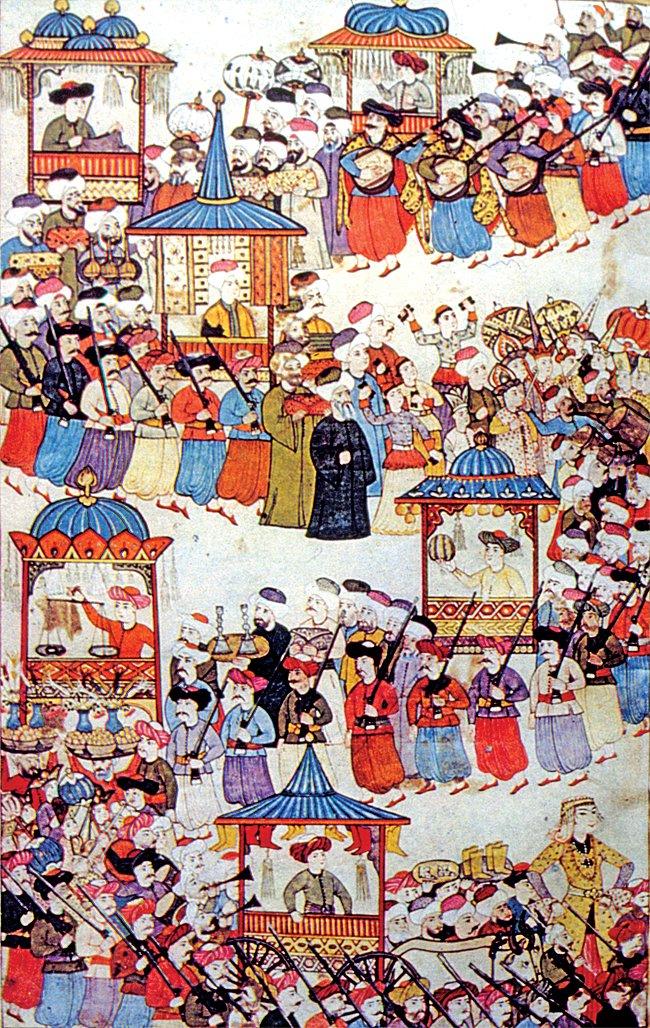 Levnî’nin esnaf loncalarının resmigeçidini gösteren bir minyatürü (Surnâme-i Vehbî, TSMK, III. Ahmed, nr. 3595, vr. 108a)
