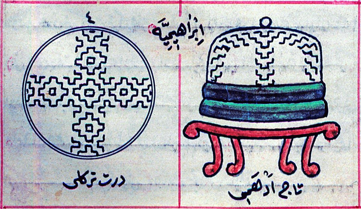 Edhemî tacı yandan ve üstten gösteren bir çizim (Yahyâ Âgâh, Fütüvve-i Esrâr-ı Tâc, Süleymaniye Ktp., Nuri Arlasez, nr. 101, s. 20)