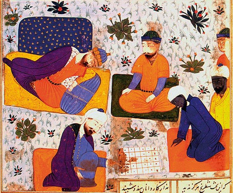 Firdevsî’nin Şâhnâme adlı eserinde Ebûzer-i Cemher’in Hint hekimiyle satranç oynamasını tasvir eden minyatür (İÜ Ktp., FY, nr. 1406)