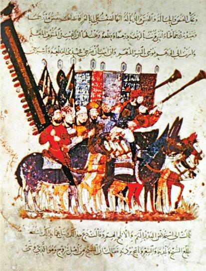 Vâsıtî’nin 1237’de resimlediği Harîrî’nin el-Maḳāmât adlı eserinde bir süvari kafilesinin kullandığı bayrakları gösteren minyatür (Bibliothèque Nationale, Ms., Arabe, nr. 5847, vr. 19a)