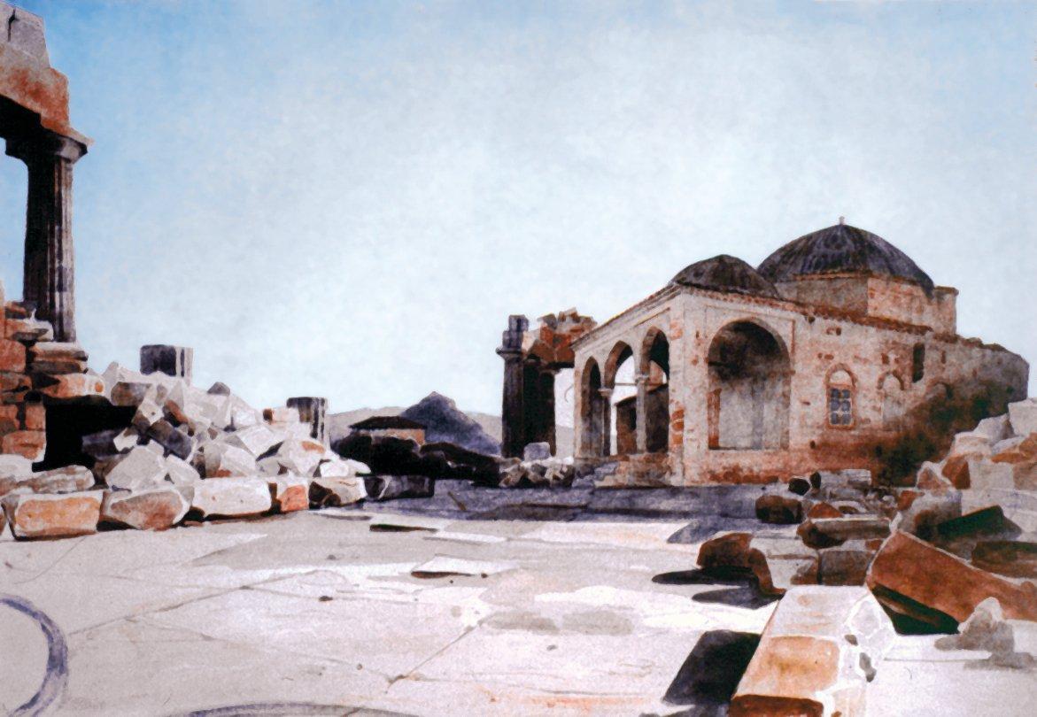 Atina Akropolisi’ndeki İçkale Camii’ninsulu boya resmi (Boston Lawell Institute)