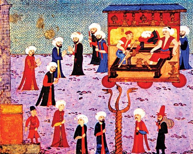 Şehzade Mehmed’in sünnet şenliğinde (1582) mumcu esnafının resmigeçidini gösteren minyatürden detay (Surnâme-i Hümâyun, TSMK, Hazine, nr. 1344, vr. 159a)