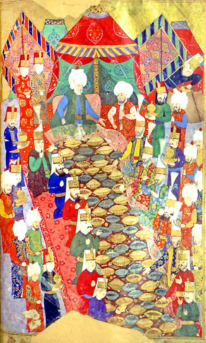 Nusretnâme’de Âlî’nin Lala Mustafa Paşa’yı ziyaretindeki ziyafeti gösteren minyatür (TSMK, Hazine, nr. 1365, vr. 34b)