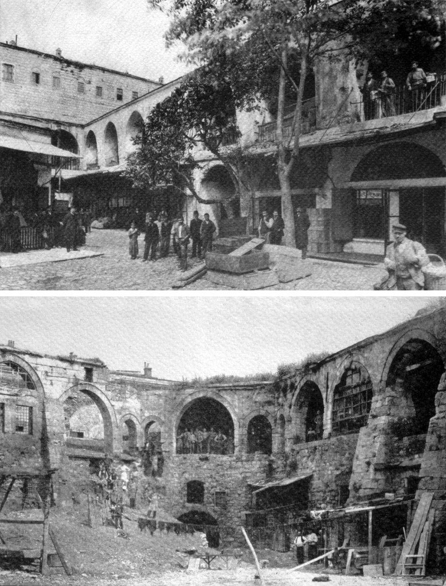 Kürkçü Hanı’nın ön ve arka avlusunun XX. yüzyıl başındaki durumunu gösteren fotoğraflar (Gurlitt, lv. LXXI-13a)